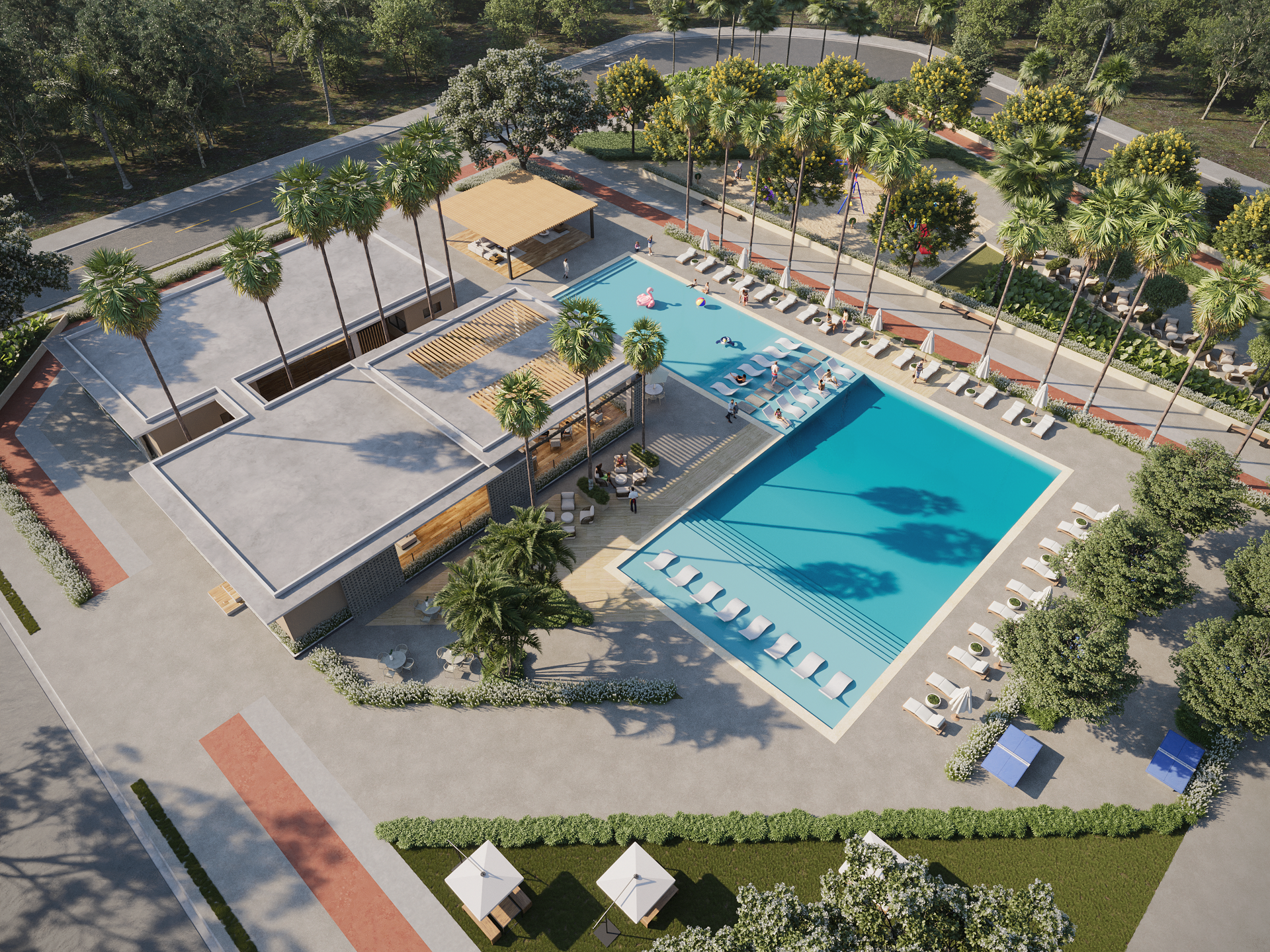 Vista aérea del área de piscina