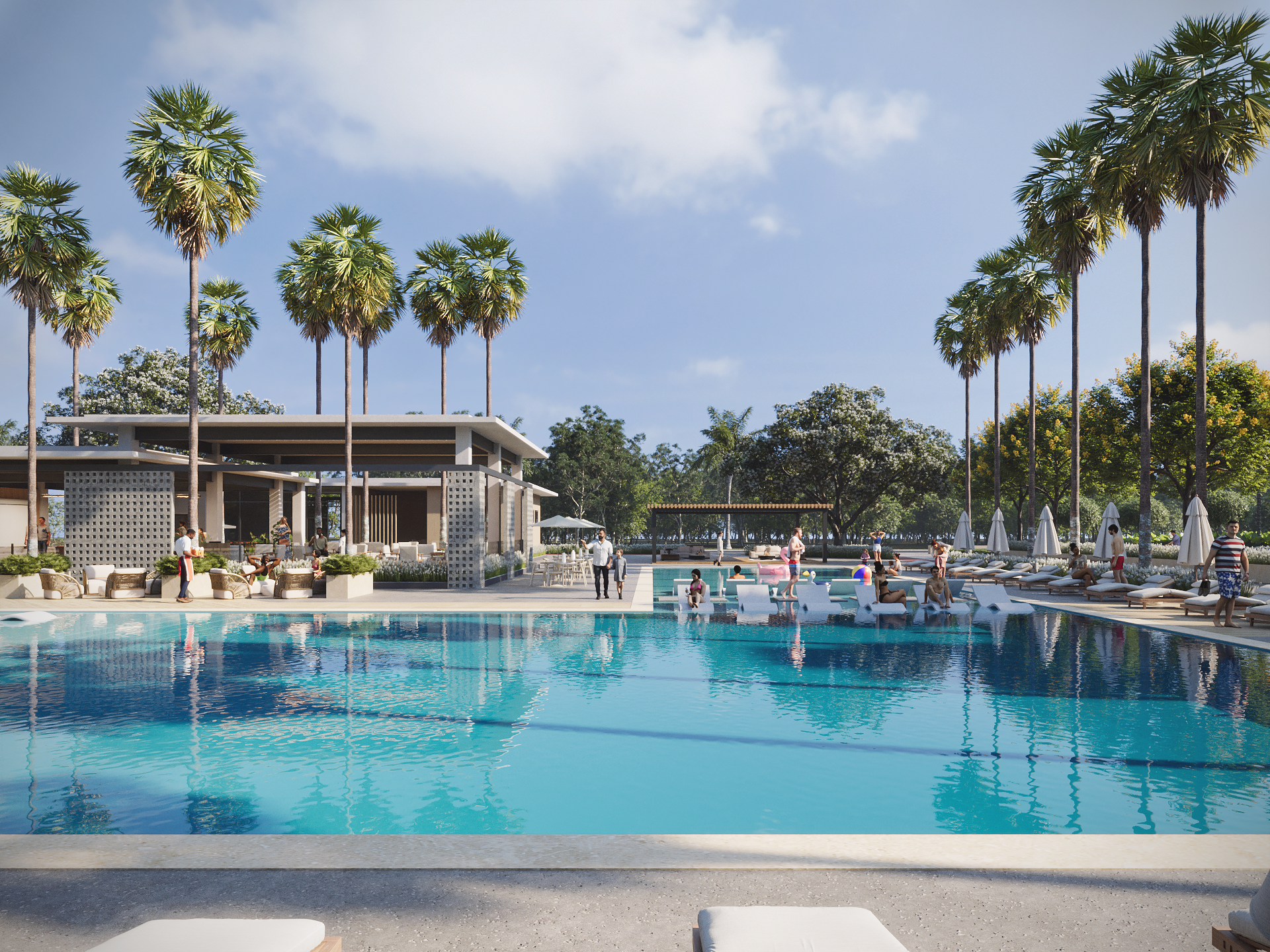 Piscina con club house y palmeras