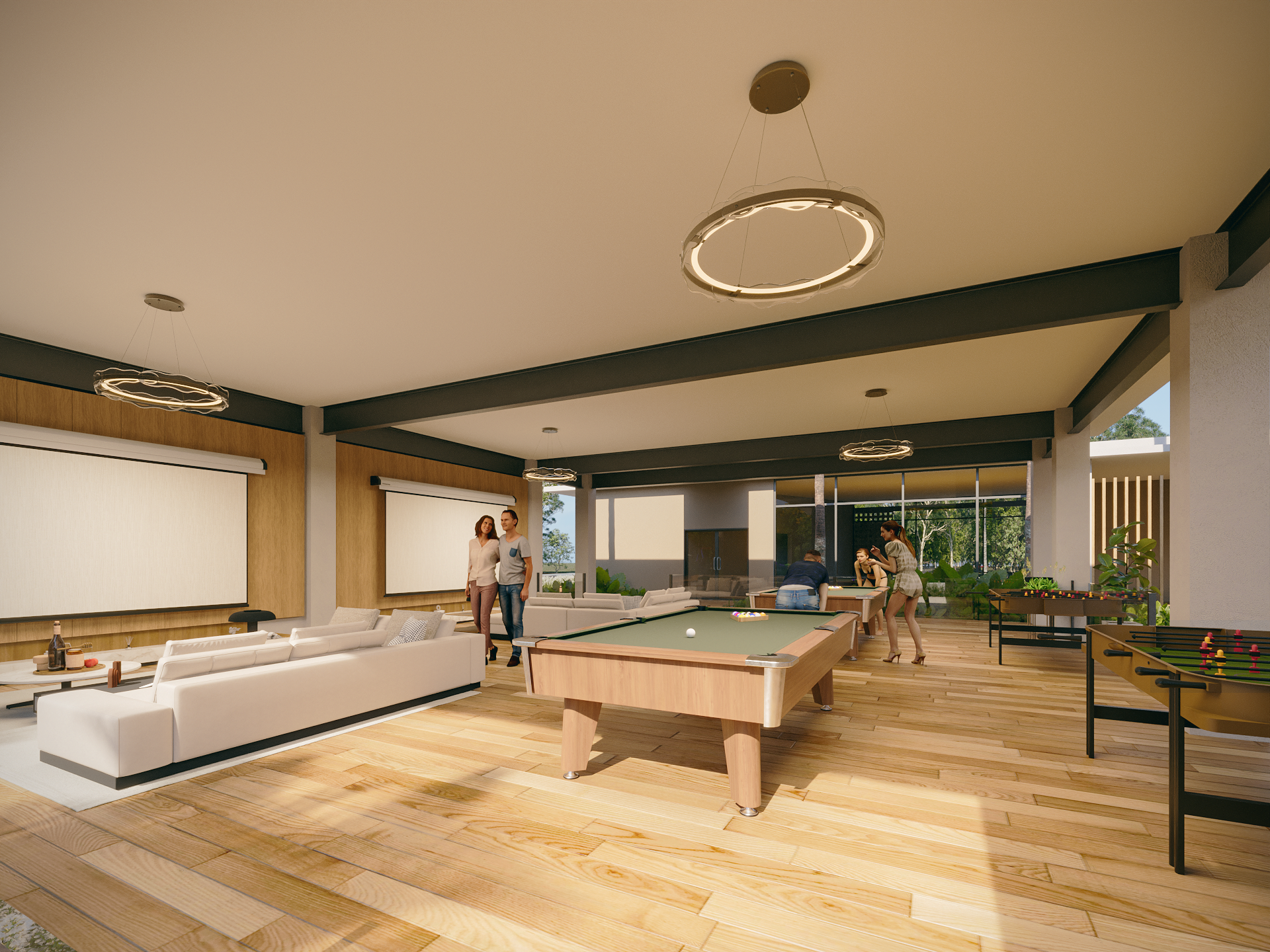 Sala de juegos con billar y cine
